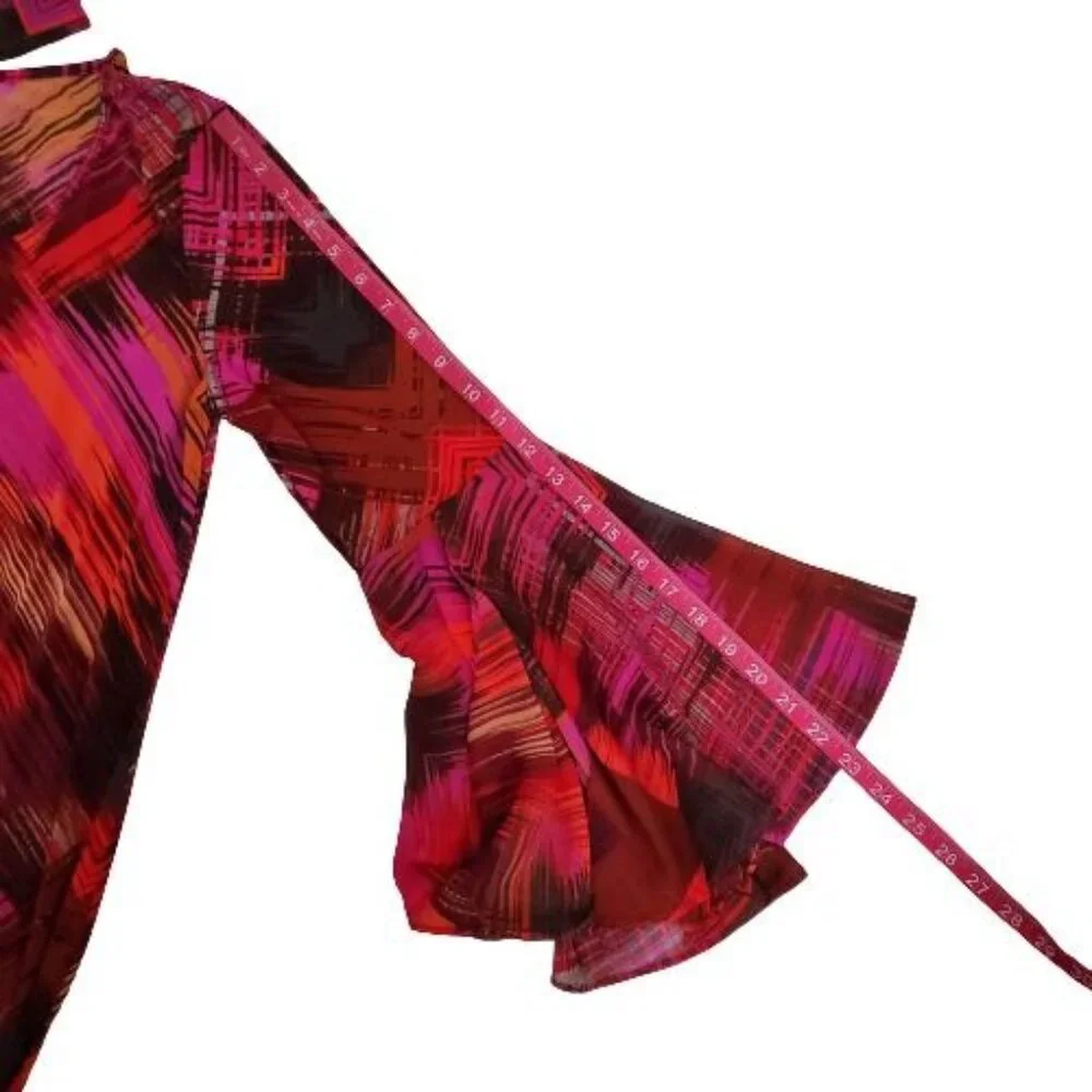 MSK Women's Pink Red Orange Print Sheer Bell Sleeve Cocktail Dress Size Medium - Picture 7 of 11